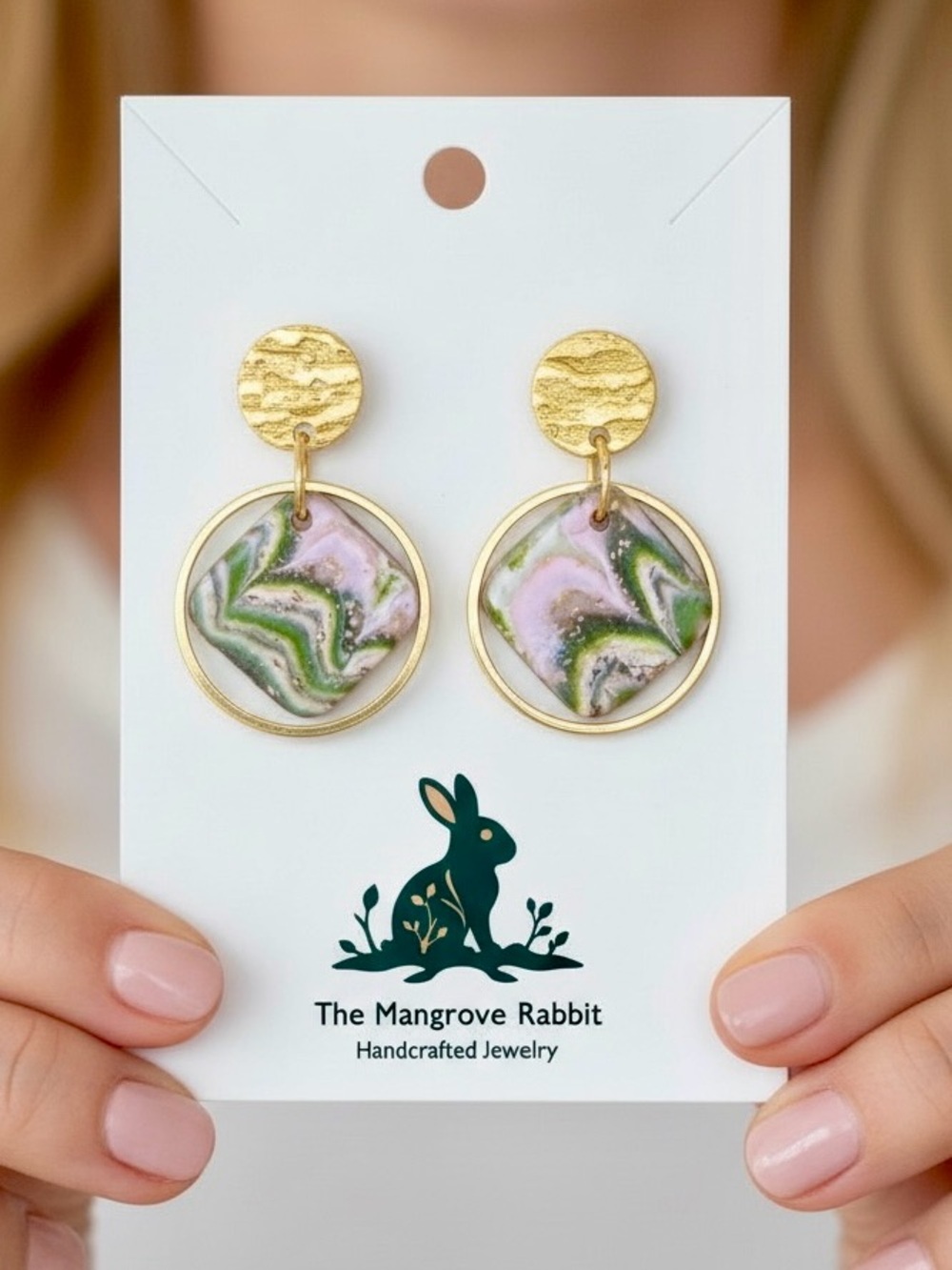 Handmade Olive Green & Pink Marbled Polymer Clay Lightweight Dangle Earrings